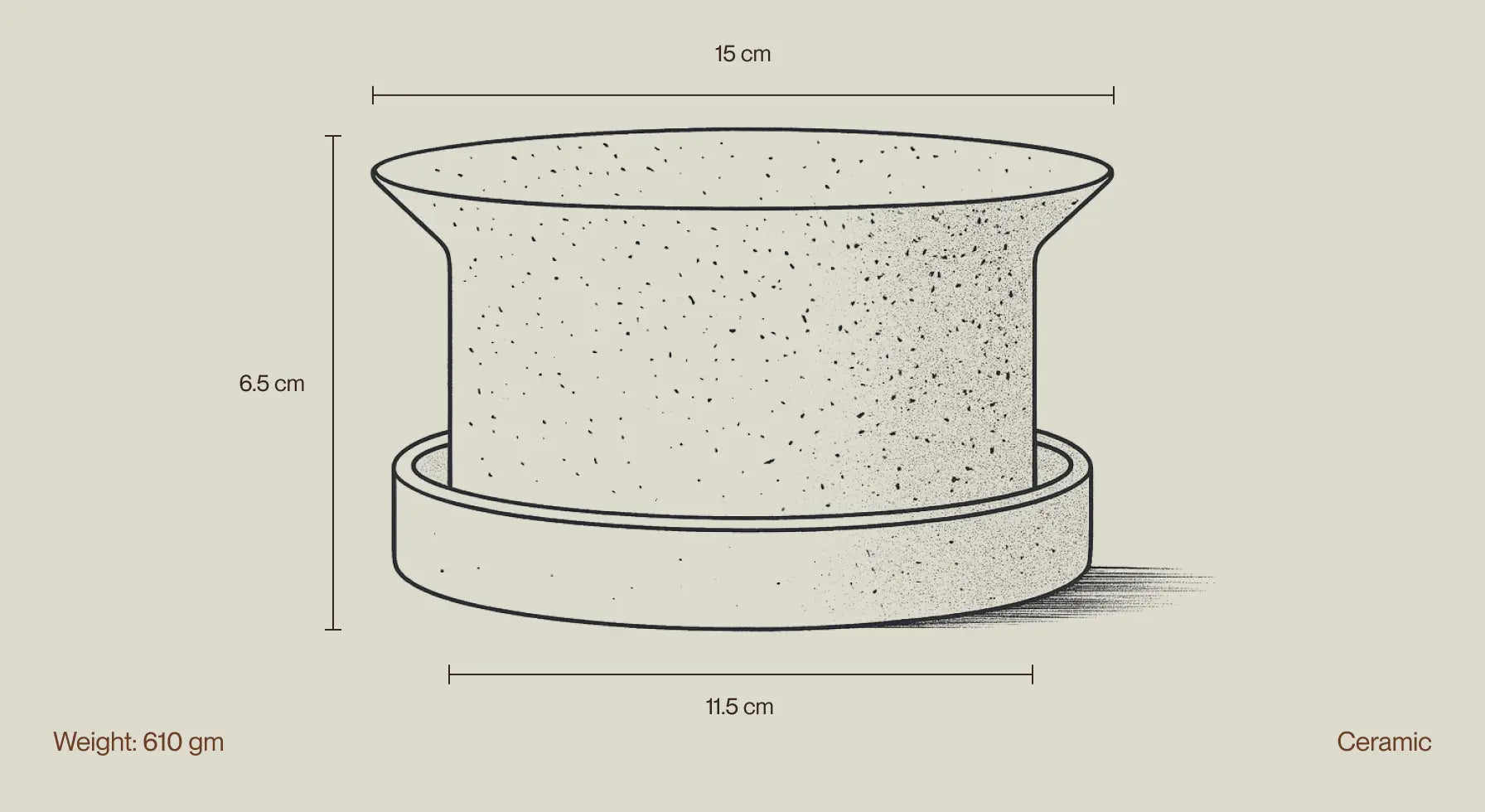 Illustrated size and specs of Kora Ceramic Planter with saucer, height, weight and diameter
