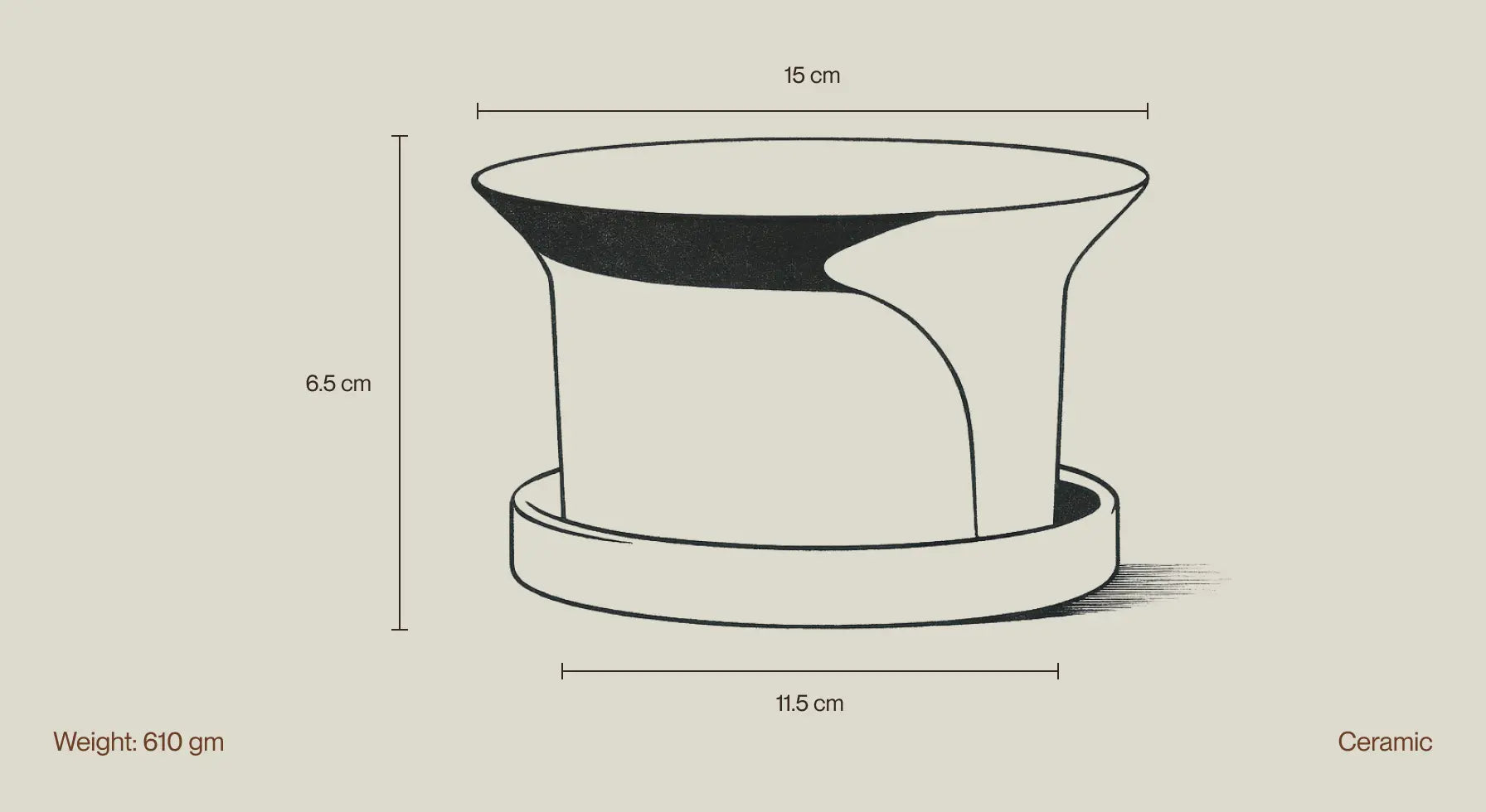 Minimal line drawing showing Kora Ceramic Planter dimensions and ceramic details