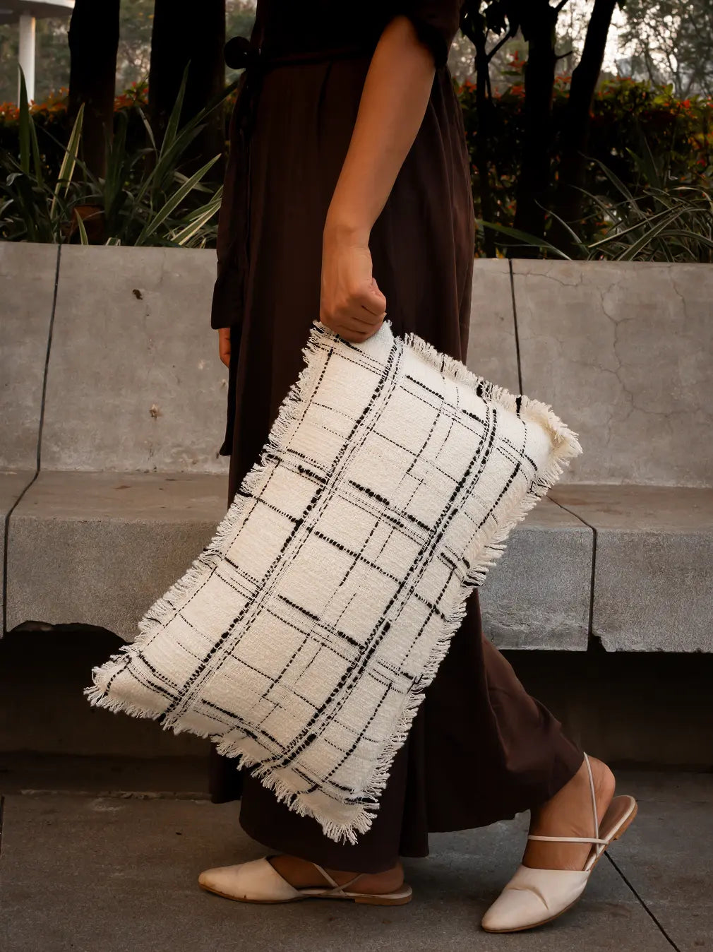 Close-up of wool-blend Lattice Cushion Cover showing woven texture and clean stitching.