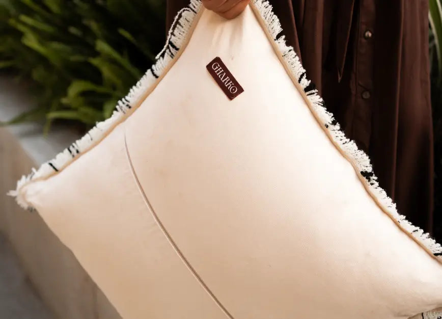 Back view of lattice cushion cover with clean stitching and soft neutral finish.