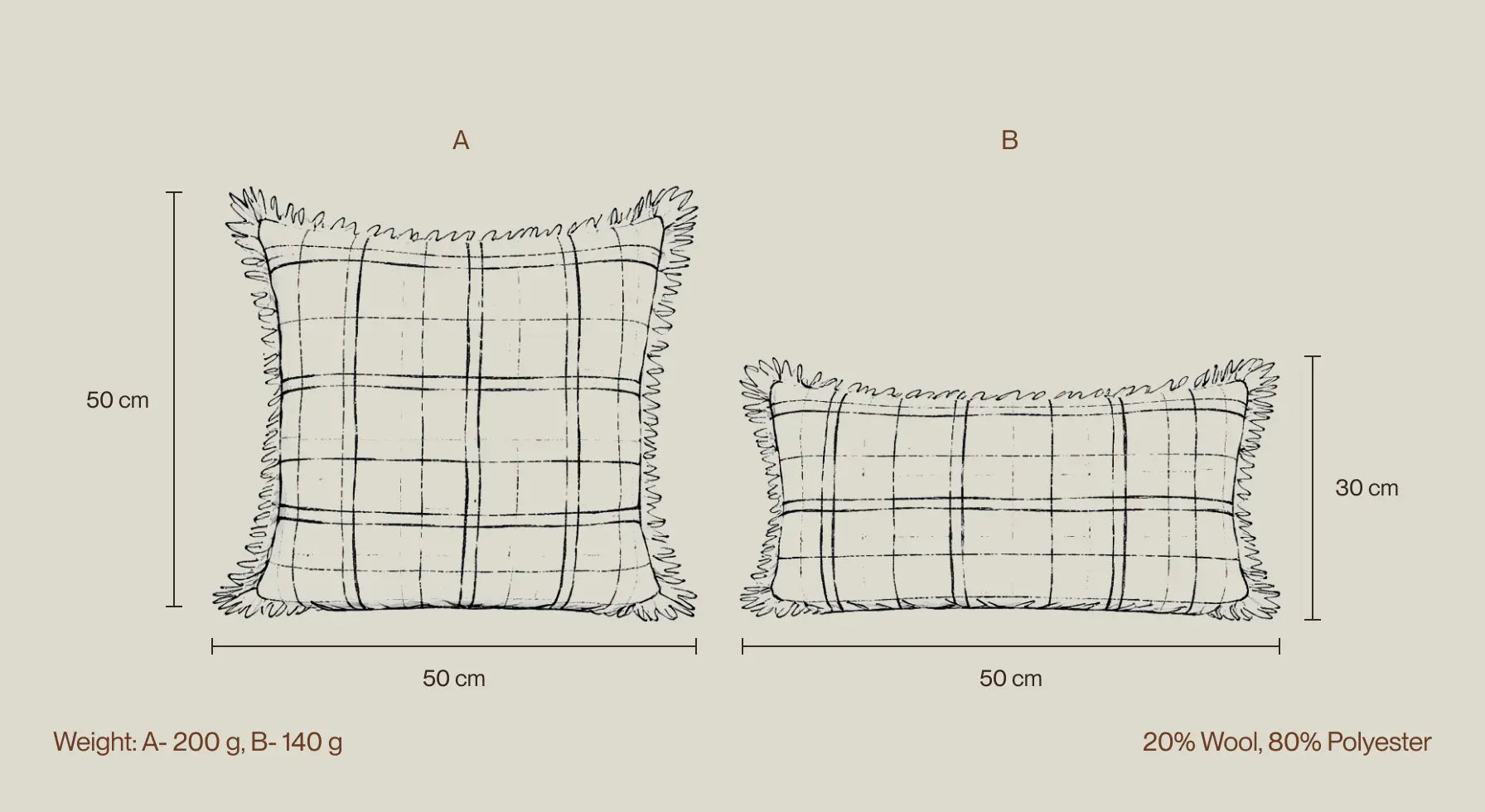 Lattice cushion cover size guide showing 50×50 cm and 30×50 cm dimensions.