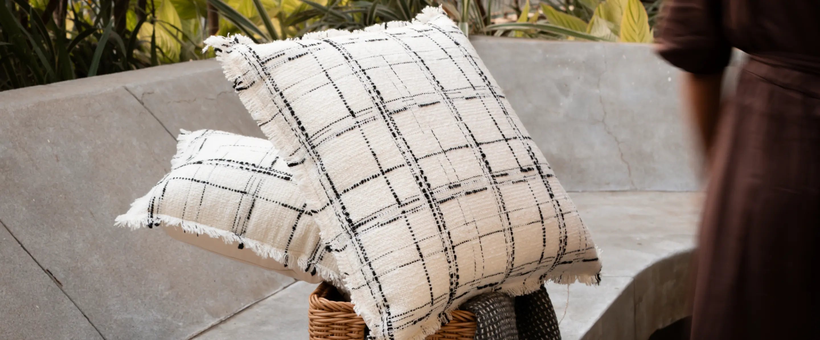 Modern Lattice Cushion Cover styled outdoors with natural textures and soft light.