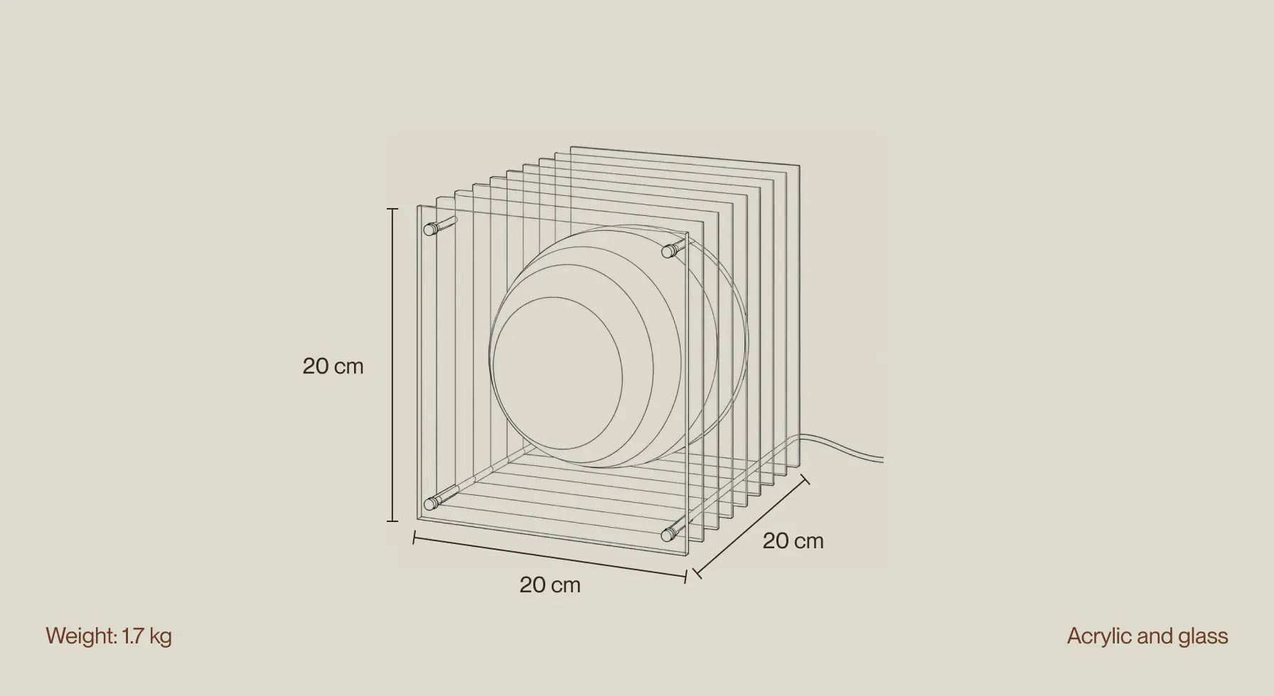 Lop Table Lamp dimensions and material details with acrylic and glass design