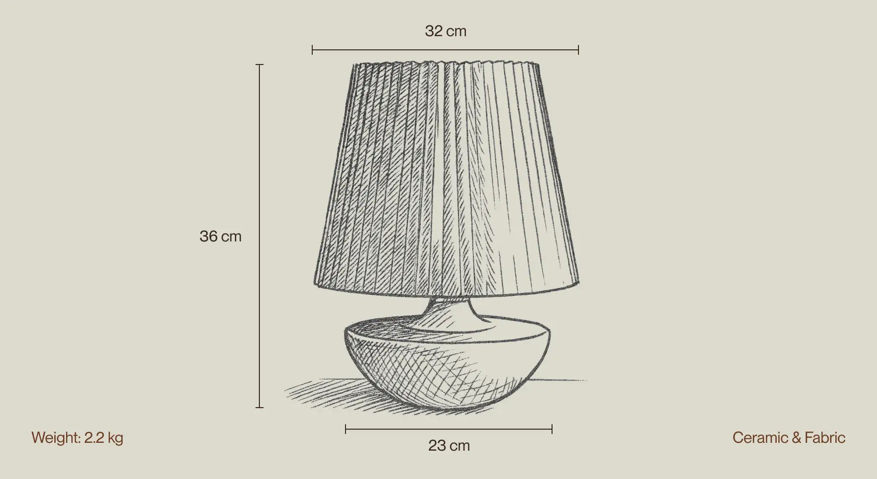 Measurement chart of a Gharko's Mati table lamp with dimensions and material details.