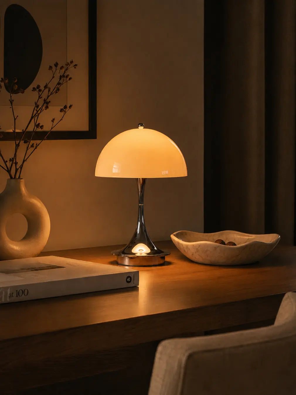 Nova Pure portable mushroom lamp on wooden desk with warm ambient LED glow