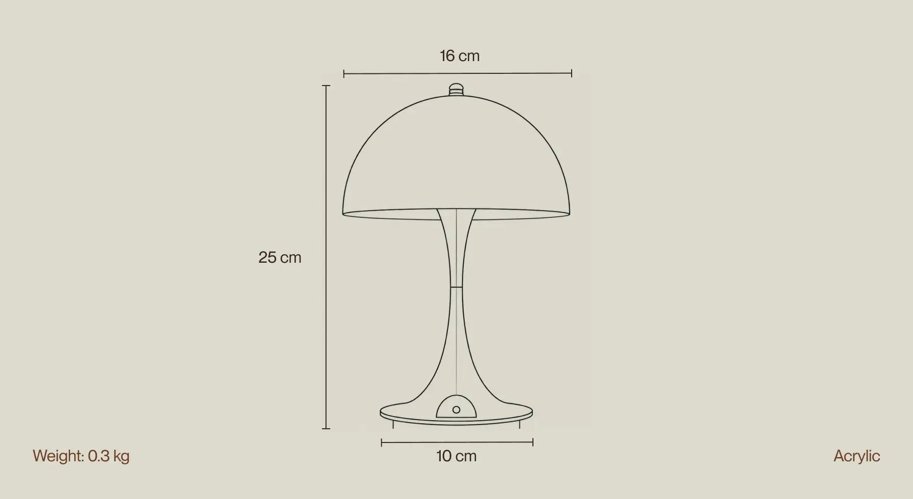 Nova Pure portable mushroom lamp dimensions and acrylic material illustration