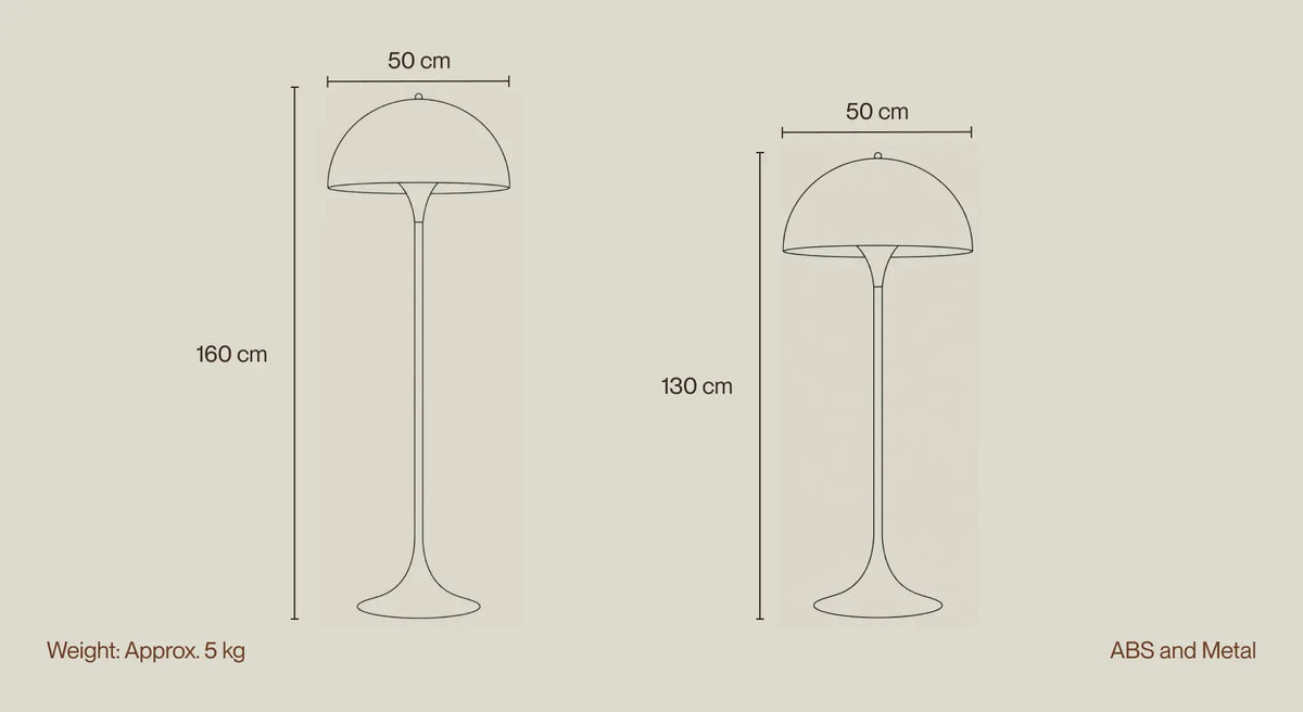 Nova white floor lamp size guide: 160 cm and 130 cm heights, both with 50 cm shade diameter