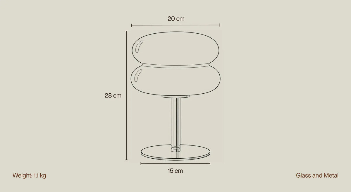 Orbit RGlass Table Lamp line sketch with dimensions, weight and material