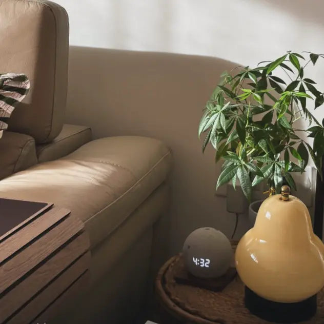 Living room corner with a beige sofa, plant, and pear lamp.