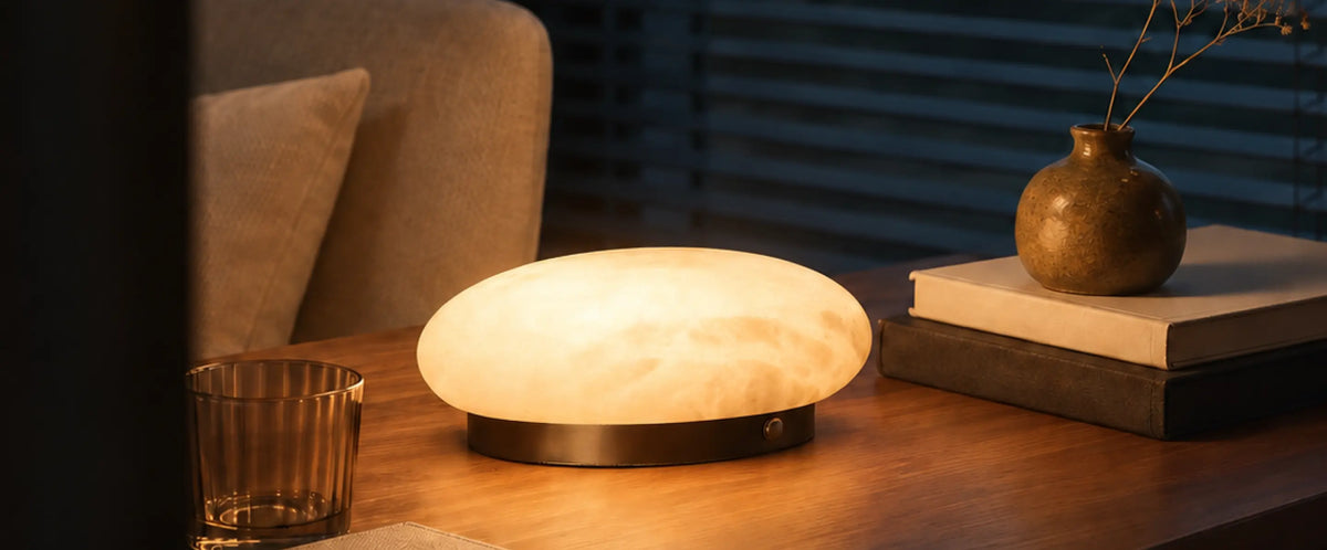 Pebble Marble Portable Table Lamp glowing on a wooden table beside books and a vase
