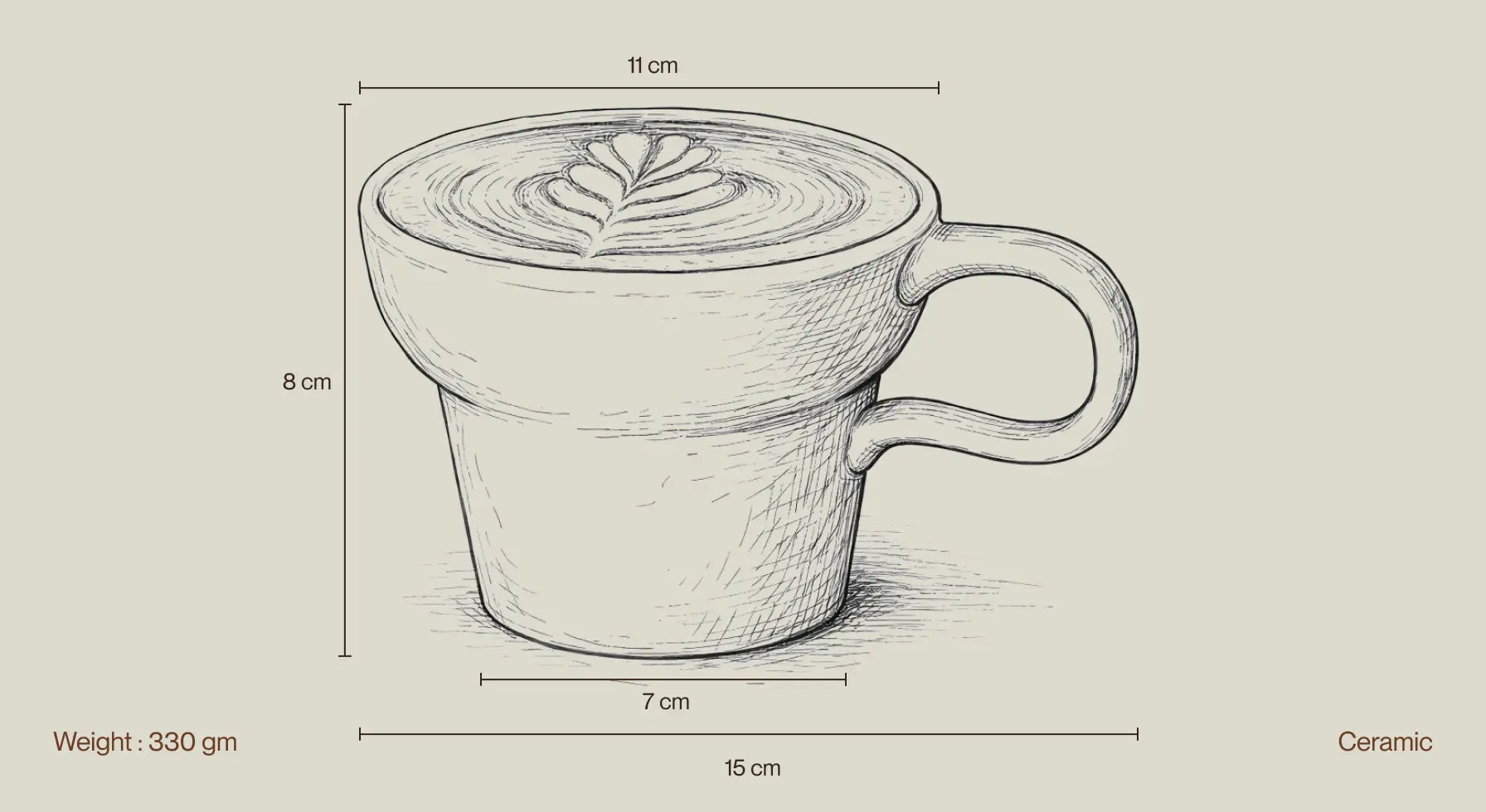 Pico ceramic coffee mug dimension illustration showing size, weight, and proportions