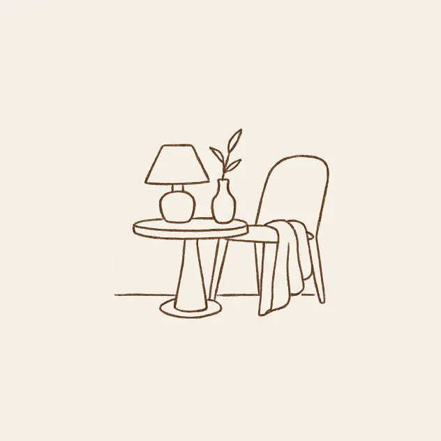 Simple line drawing of home decor — a chair, a table with a lamp, and a vase on a beige background.