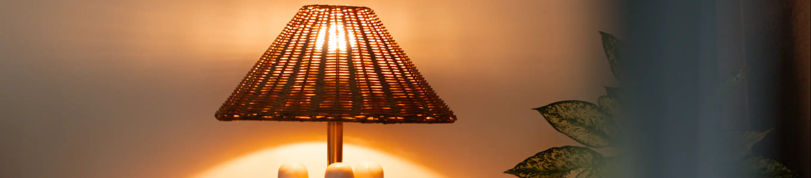 Premium Rattan lamp on a wall with warm lighting