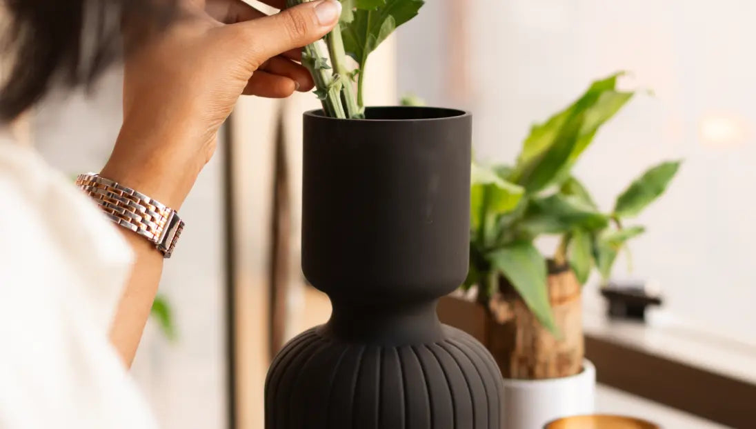 Woman styling the Black Flower Vase on a wooden shelf, highlighting its tall matte black form.