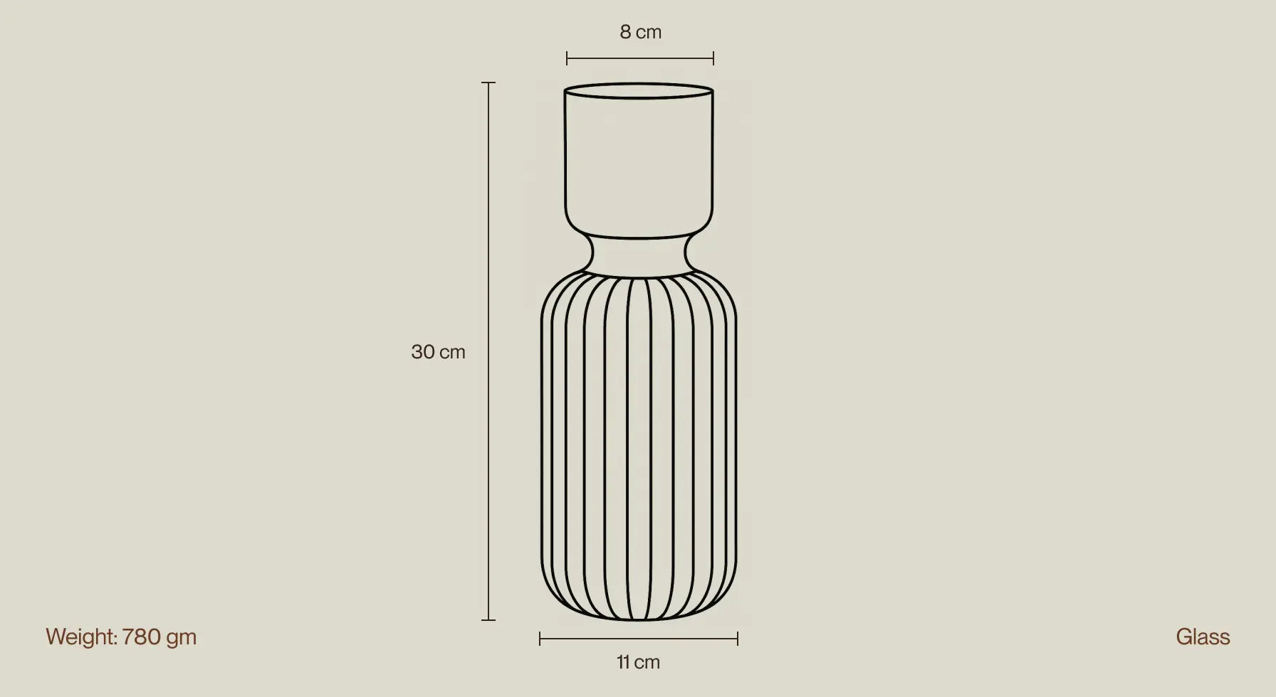 Ridge Glass Vase size guide showing height, width, top diameter, weight and glass material.