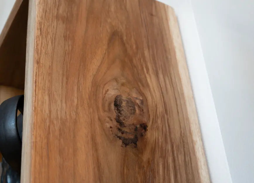 Natural teak wood grain detail on Solace-12 coffee mug shelf