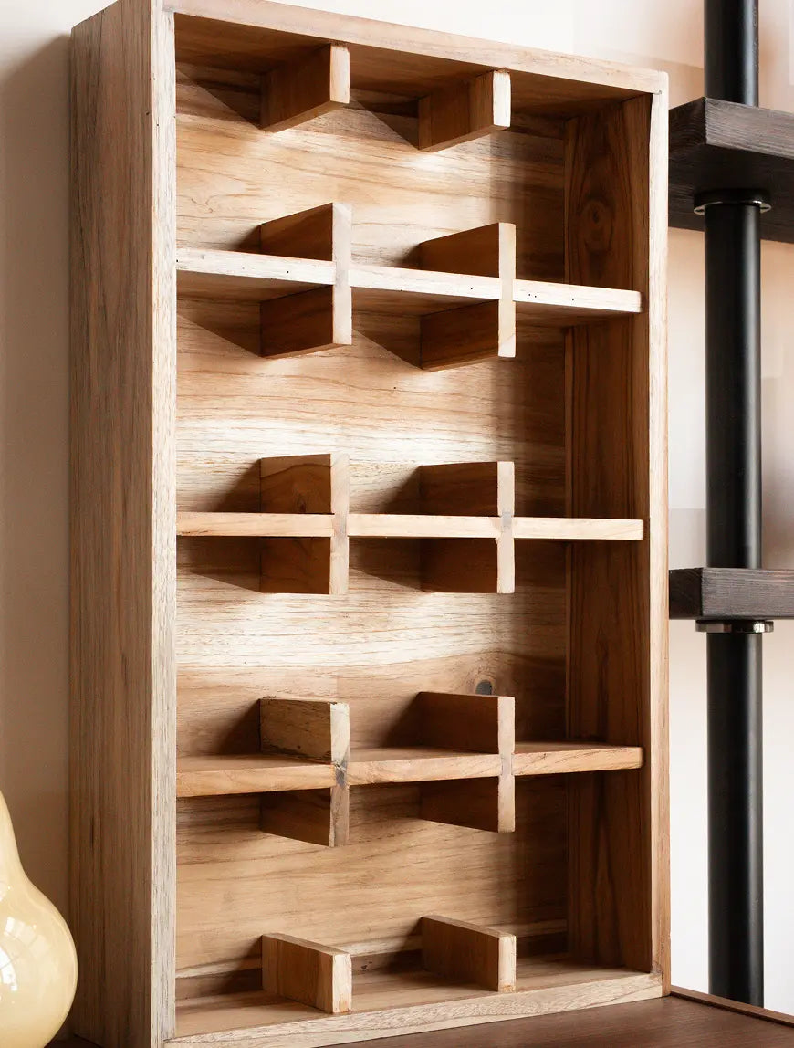 Minimal teak wood coffee mug wall shelf with structured cup compartments