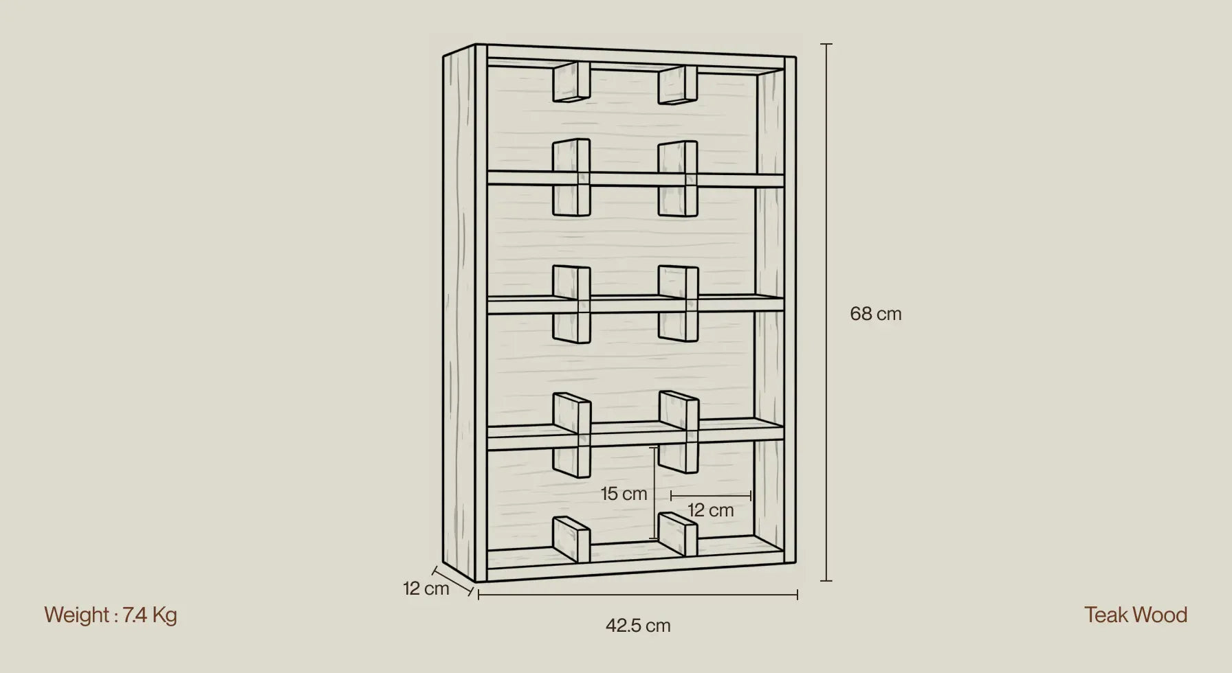 Solace-12 teak wood cup shelf dimensions diagram showing 3x4 mug compartments and wall shelf measurements