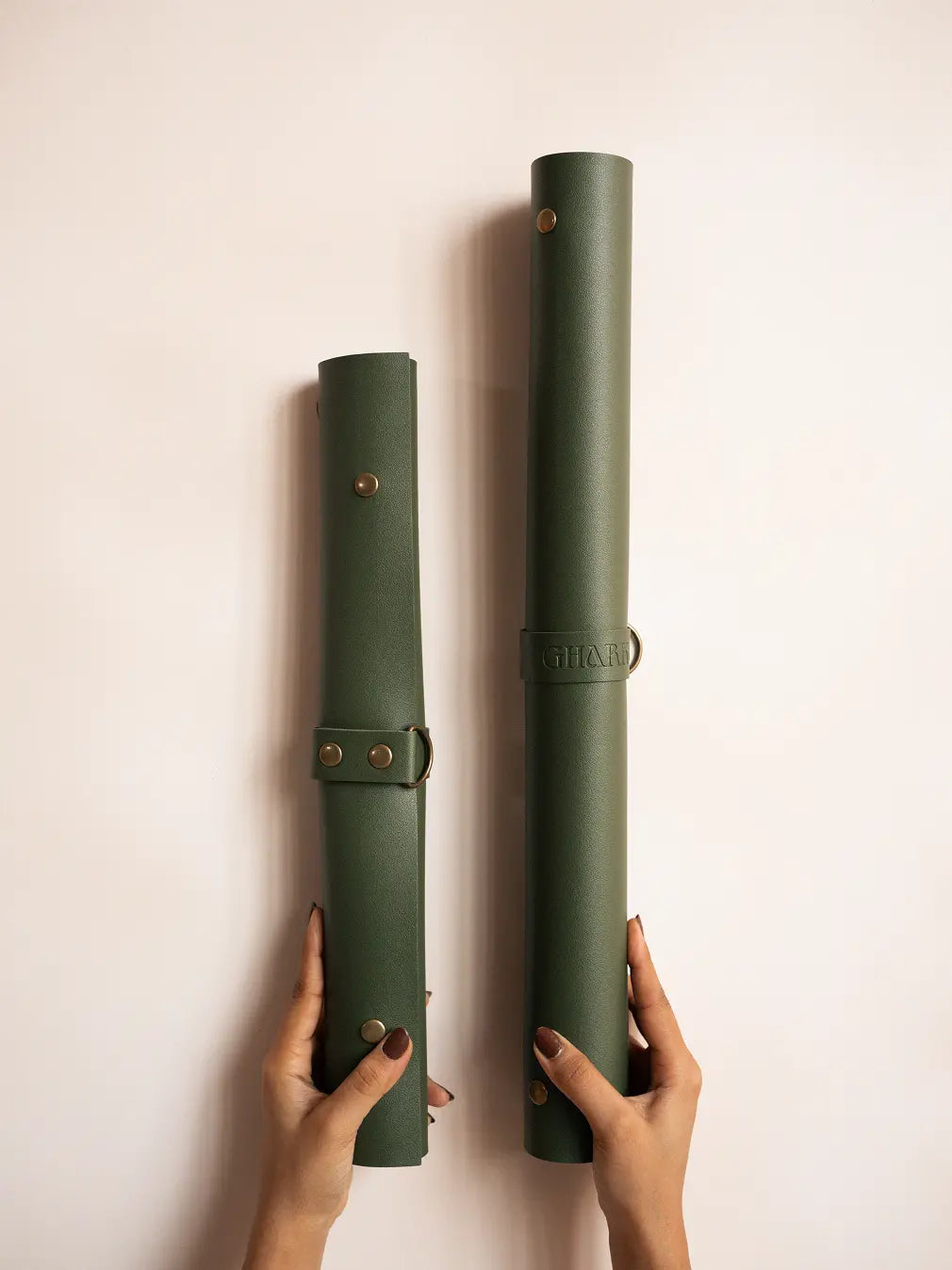 Rolled Solum Olive potting mat with strap  in 2 sizes , easy storage for indoor gardening