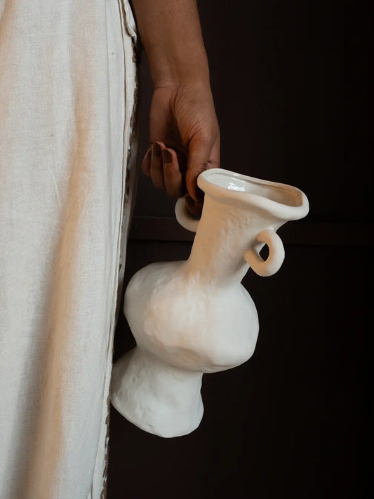 Suki Grand Ceramic Vase held in hand, handcrafted porcelain vase with organic texture
