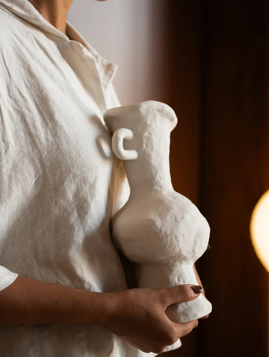 Suki Grand Ceramic Vase held in hand, handcrafted porcelain vase with organic texture