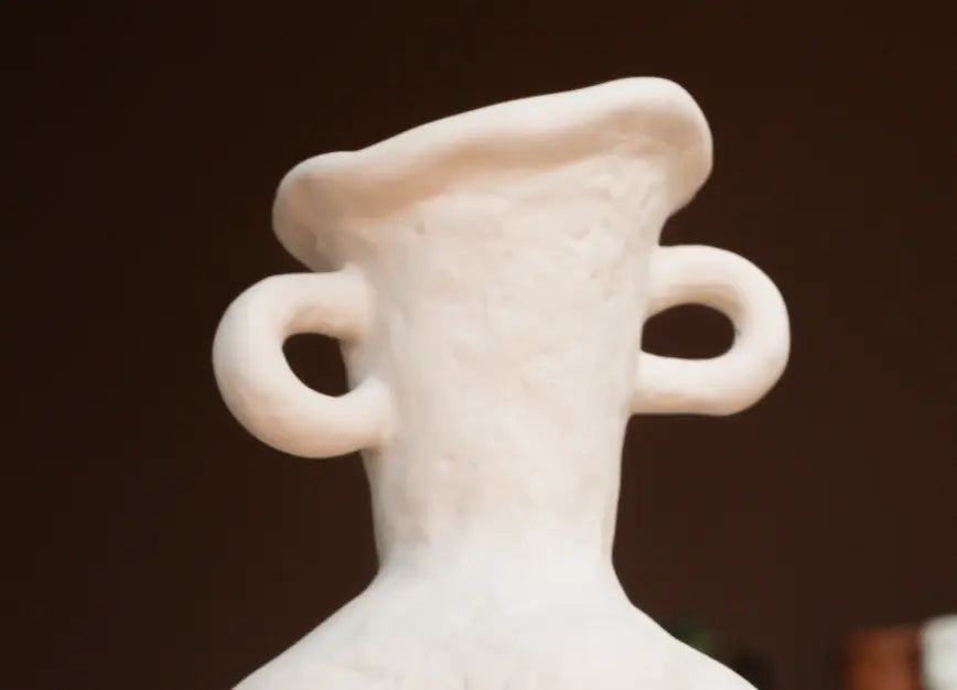 Suki Grand Ceramic Vase curved handles detail, sculptural white ceramic vase design
