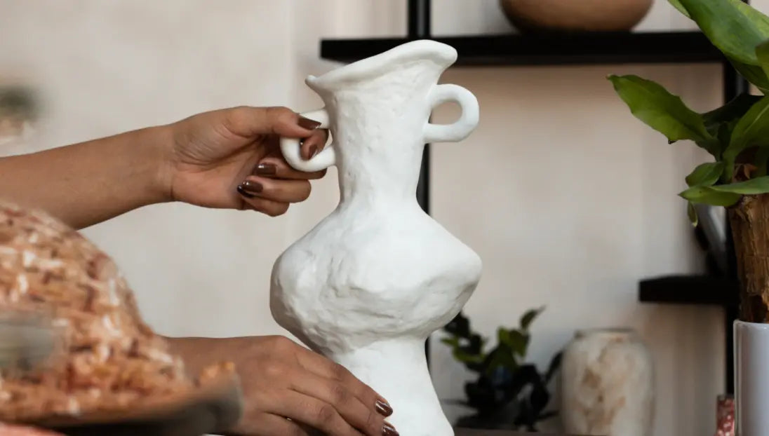 Suki Grand Ceramic Vase styled on shelf, premium white porcelain decorative vase