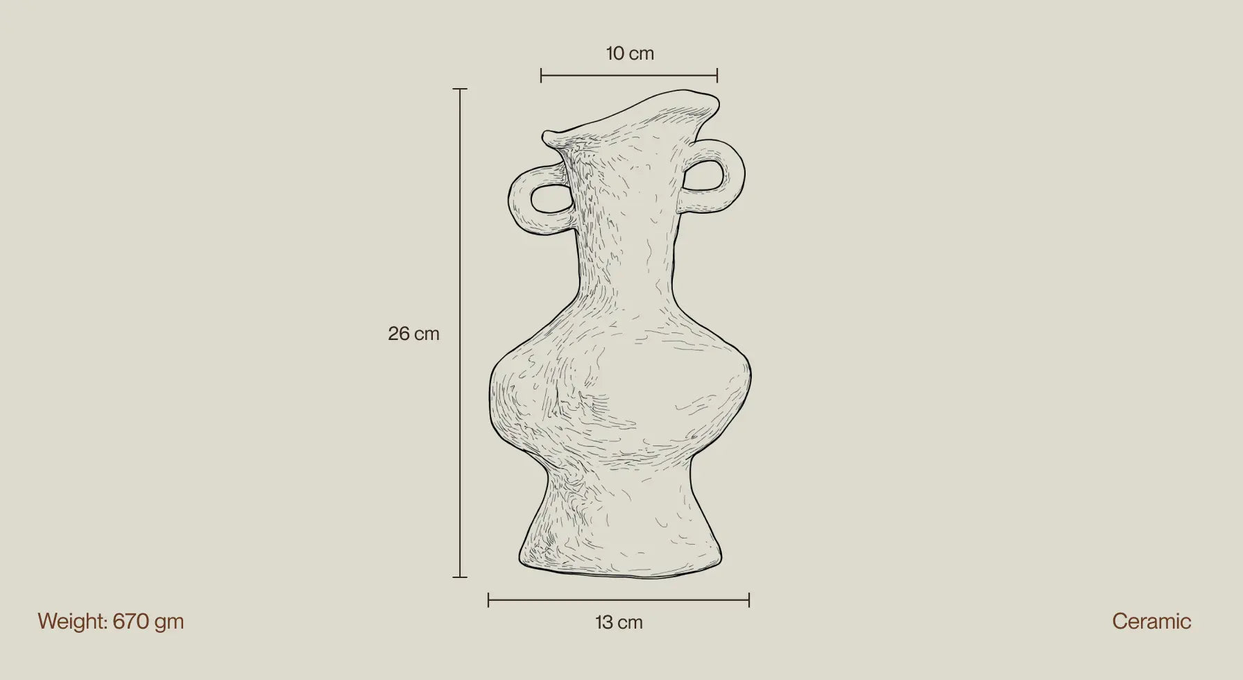 Suki Grand Ceramic Vase size diagram showing 26 cm height, 10 cm top, 13 cm base, ceramic vase dimensions