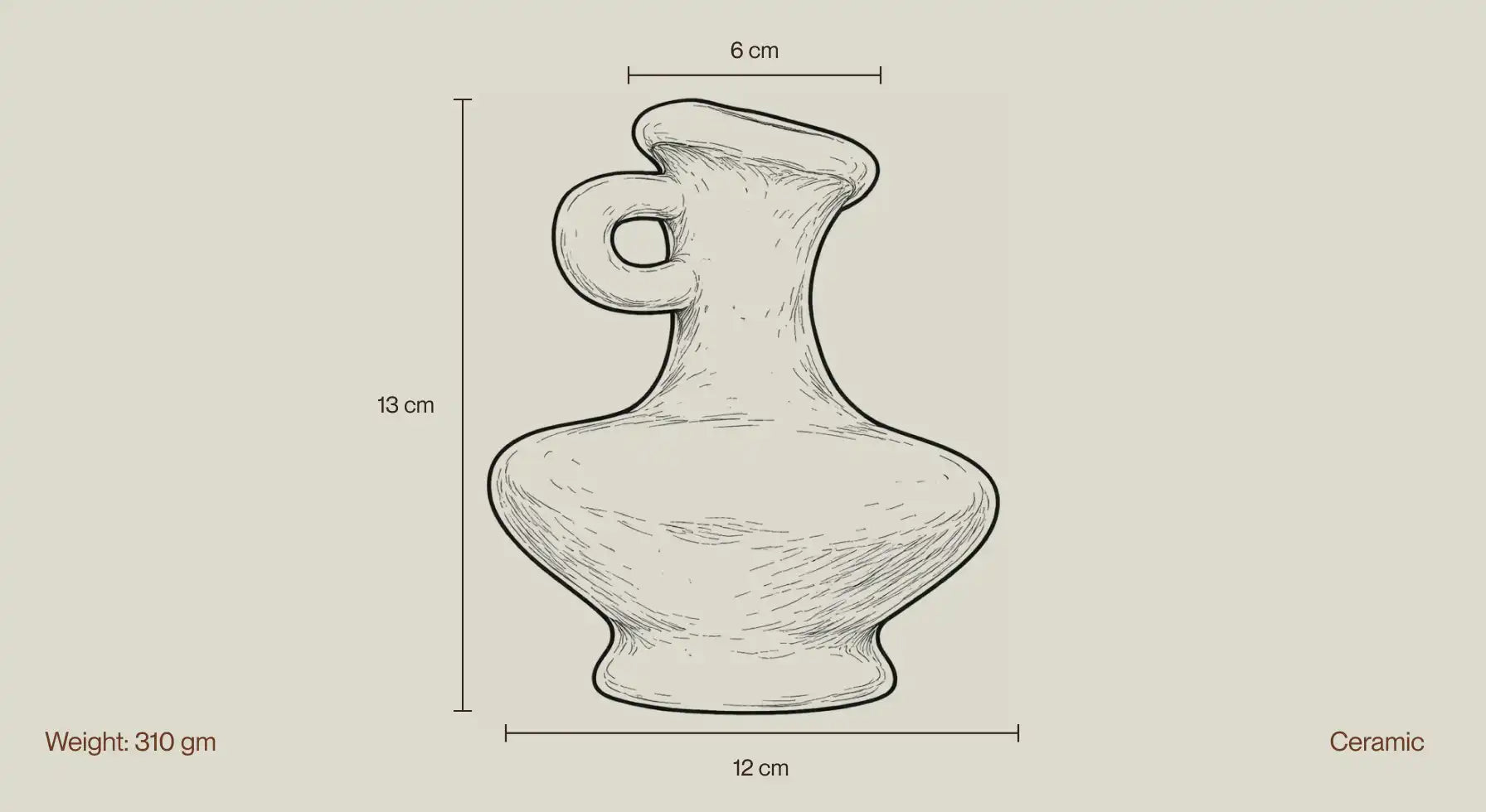Suki Mini Ceramic Vase size guide showing height, diameter, weight, and ceramic material details.