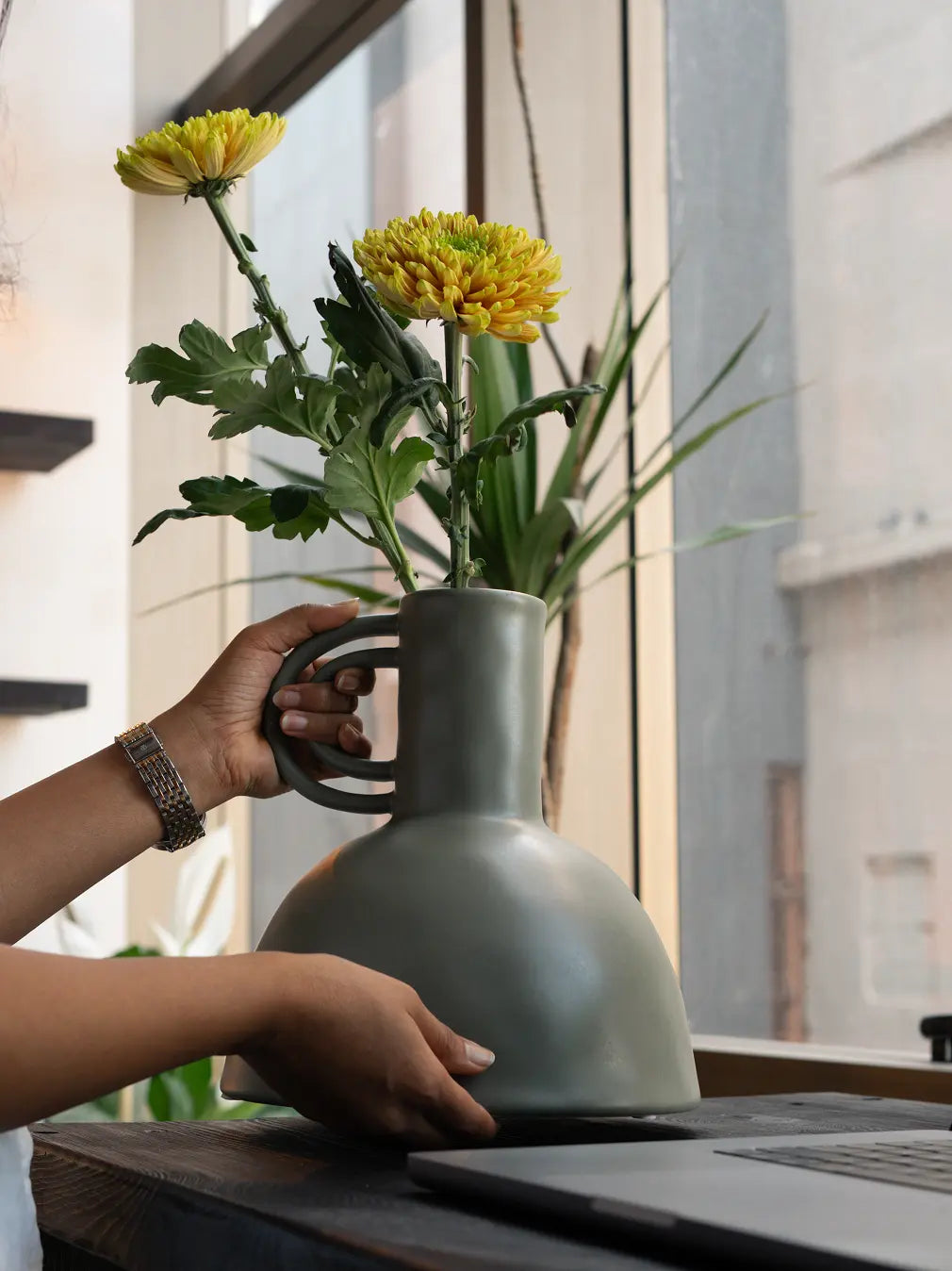 Takai Ceramic Vase with fresh flowers, modern flower vase styled by window