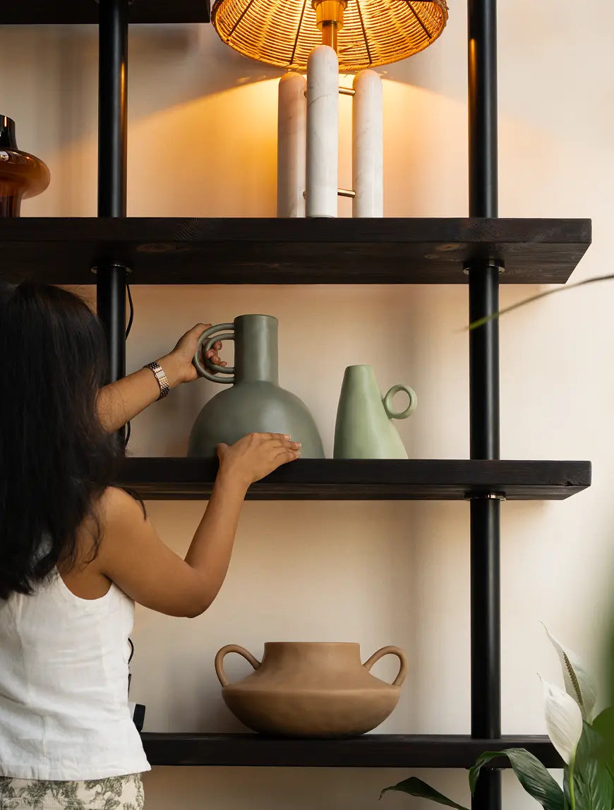 Takai Ceramic Vase styled on shelf, modern decorative vase for home decor