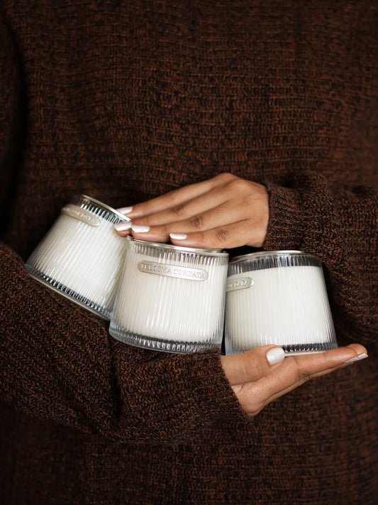 Set of three Telosma Cordata Glass Aromatherapy Candles held in hands, showcasing their premium aesthetic.