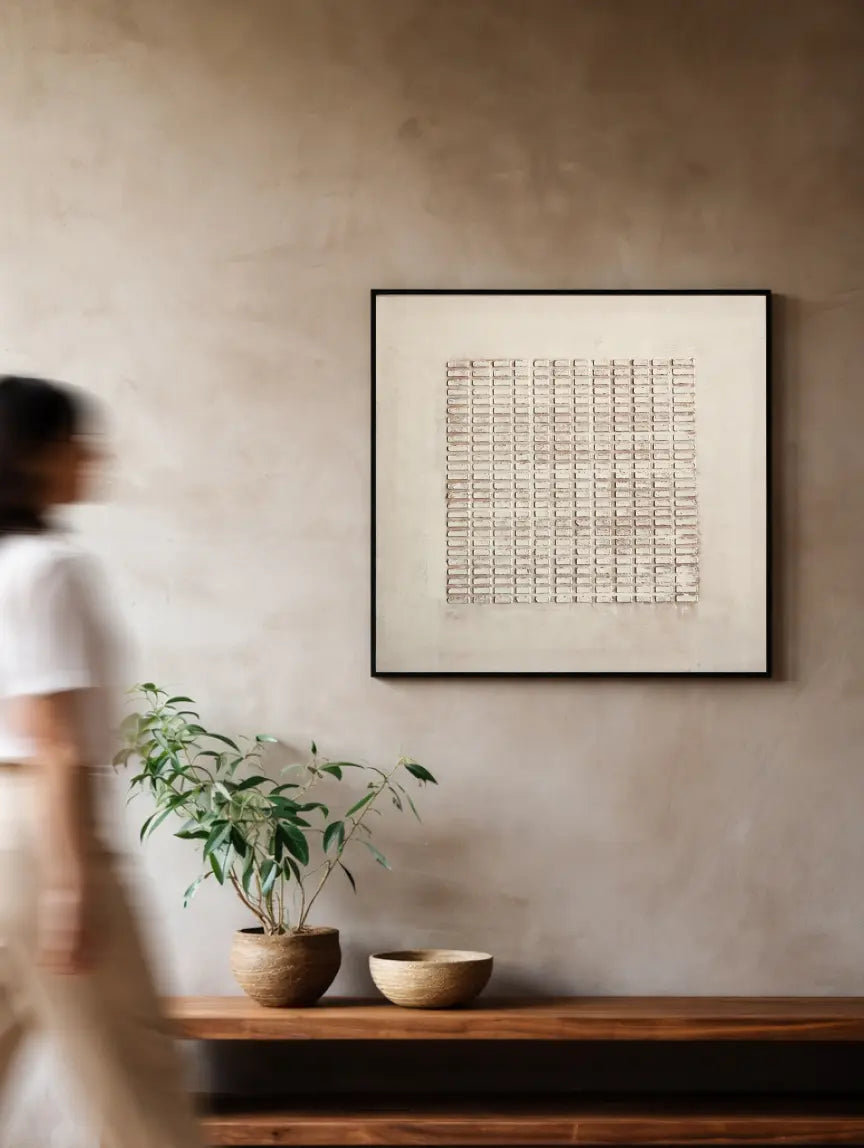 Minimalist beige 3D wall painting with textured plaster in a modern interior