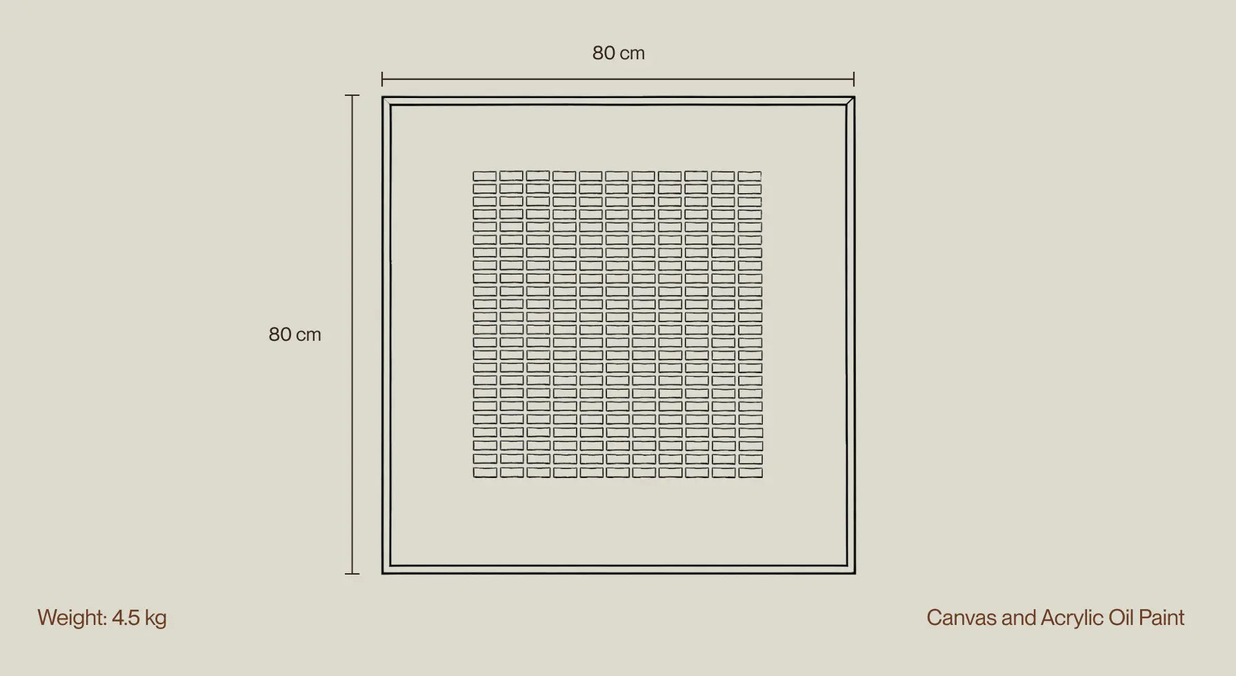 Dimension graphic of textured filled wall painting showing 80 × 80 cm size and materials
