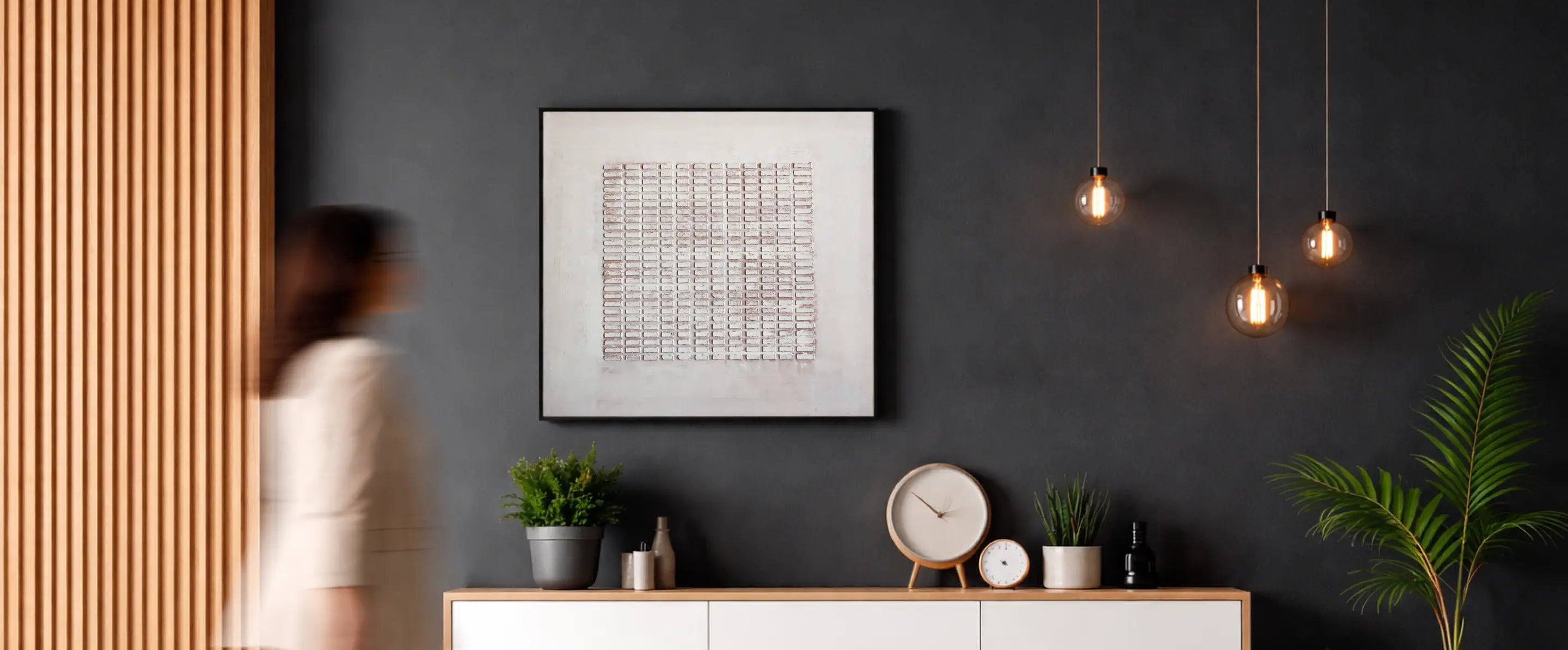 Wide view of beige 3D wall art styled in a modern living room setting