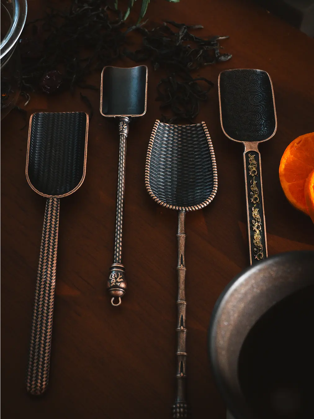 Close-up of four Vintage Spoons with different textures and handle designs,.