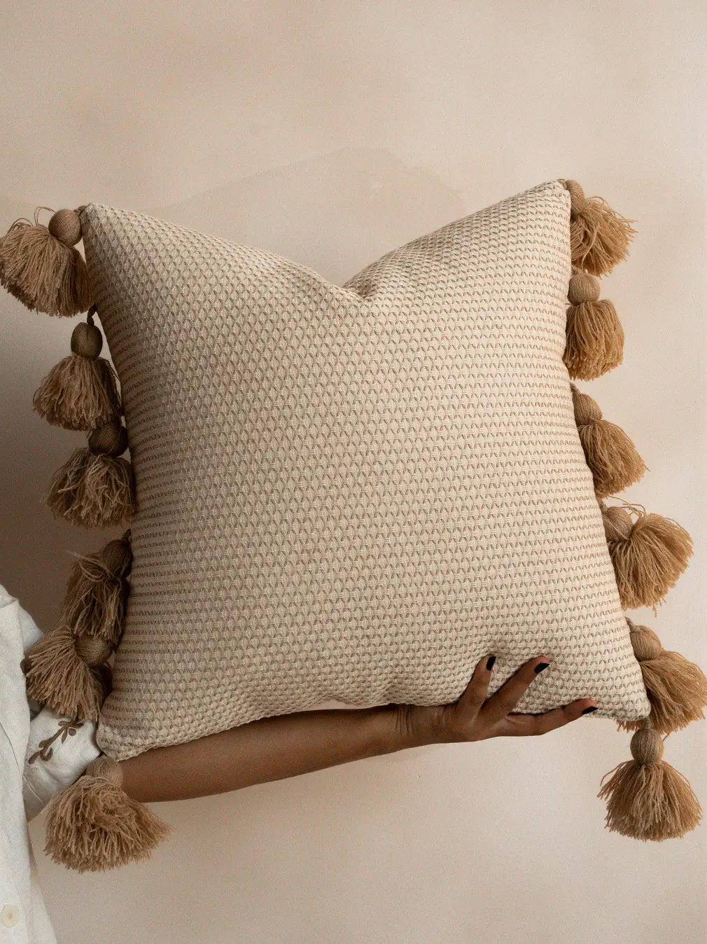 Waffle cushion cover with tassels in cotton-linen blend, textured boho sofa pillow