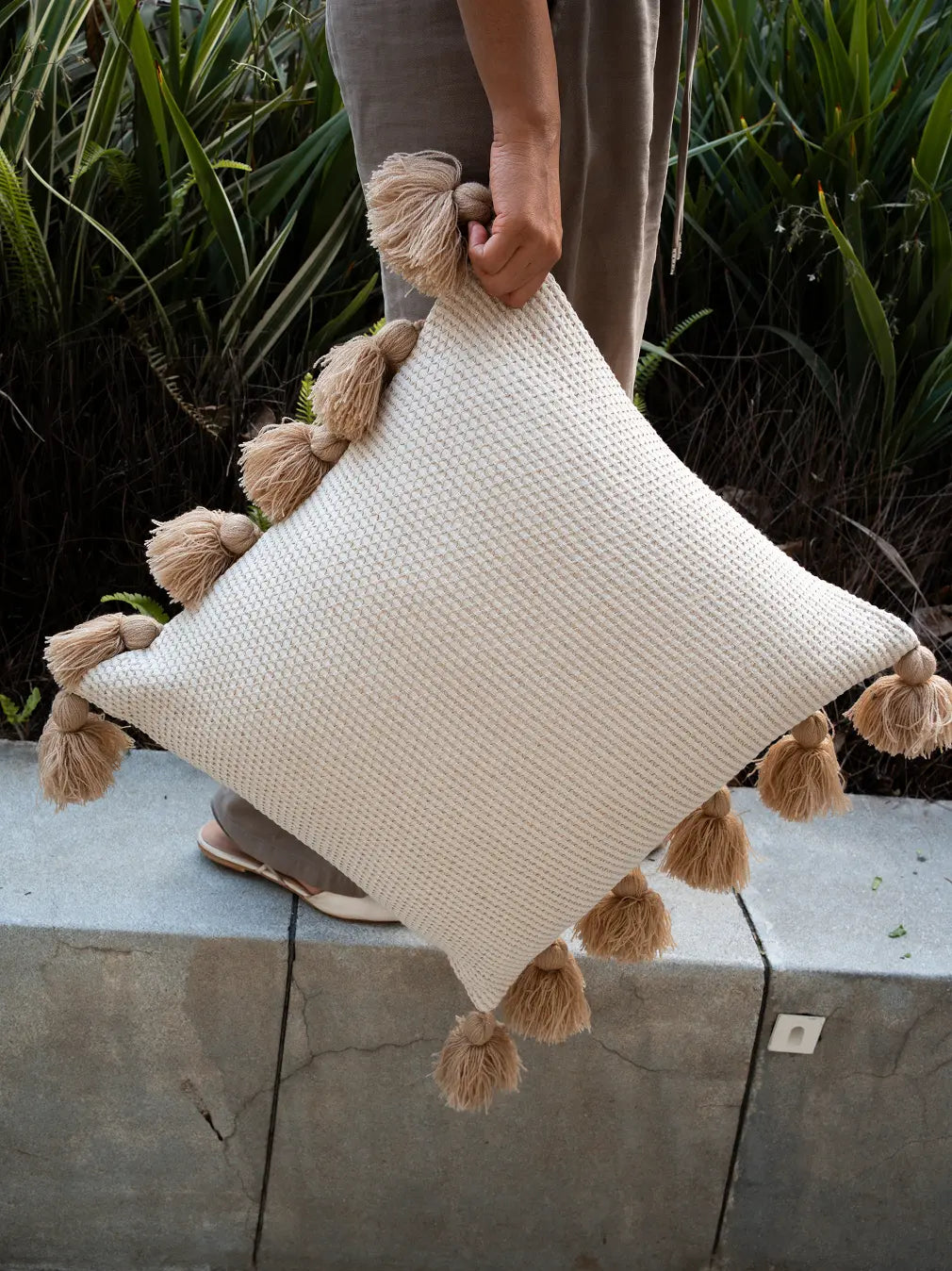 Handcrafted waffle cushion cover with chunky tassels, Moroccan boho home decor