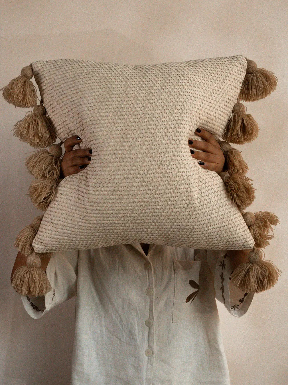 Square waffle cushion cover with tassel fringe, neutral boho sofa cushion