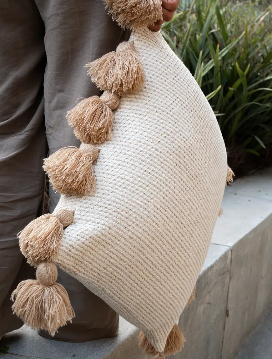 Neutral waffle cushion cover with tassels, modern boho sofa cushion style
