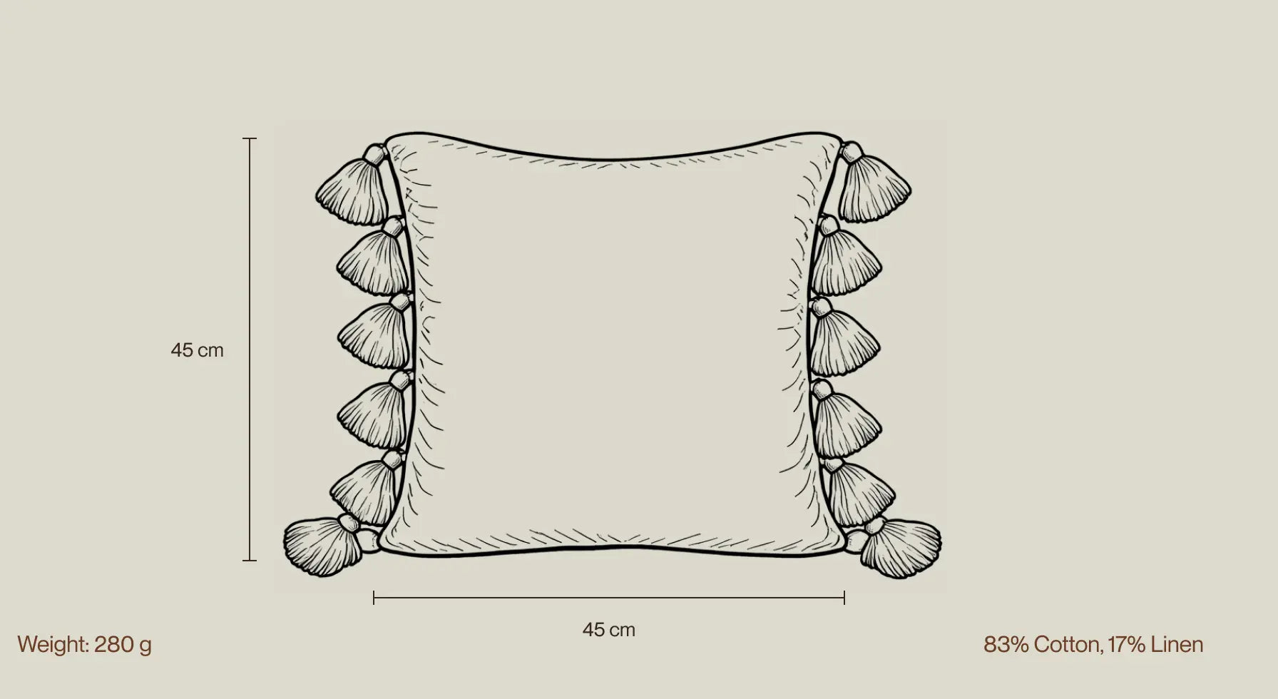 Waffle cushion cover size diagram showing 45 x 45 cm and cotton linen blend