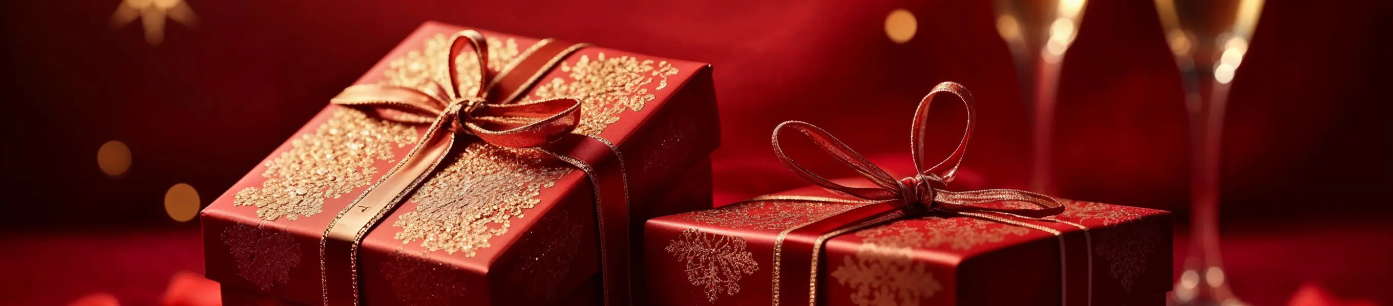 Two red gift boxes with gold ribbons for wedding Gift on a dark background