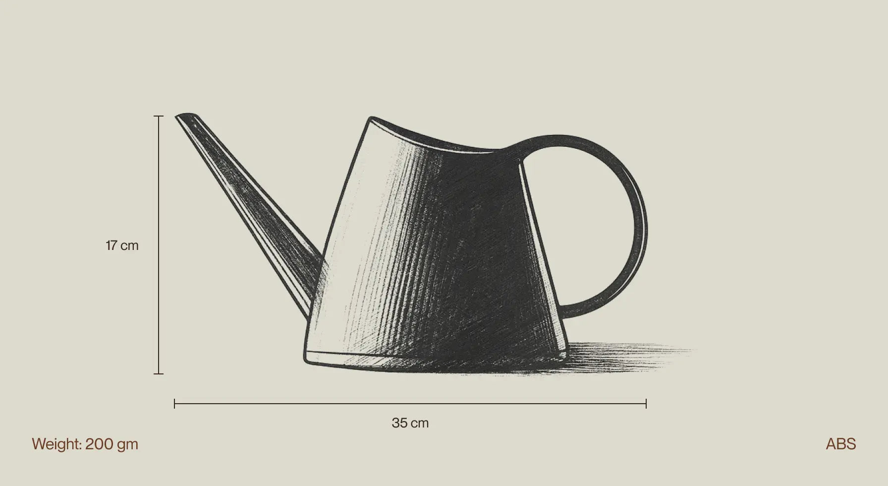 ketch showing Willow Watering Can dimensions and ABS build for product specification clarity.