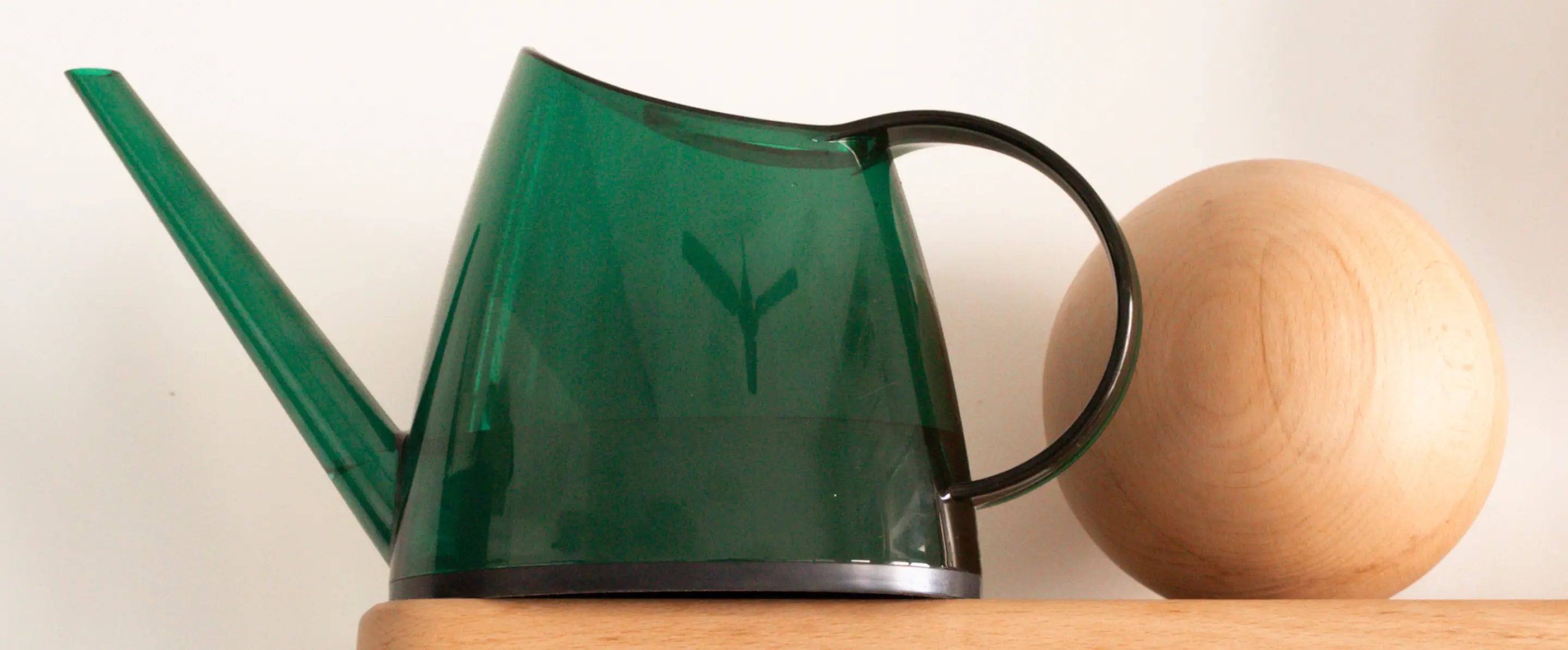 Side view of the Willow Watering Can on a shelf, showing long spout and curved ergonomic handle.