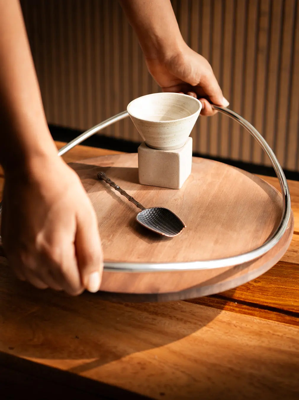 Close-up of Sora Wooden Tray used for coffee and table styling