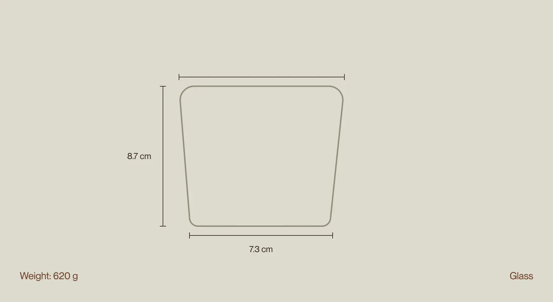 Glass candle jar size chart with 8.7cm height, 8.1cm top, 7.3cm base, weight 620g