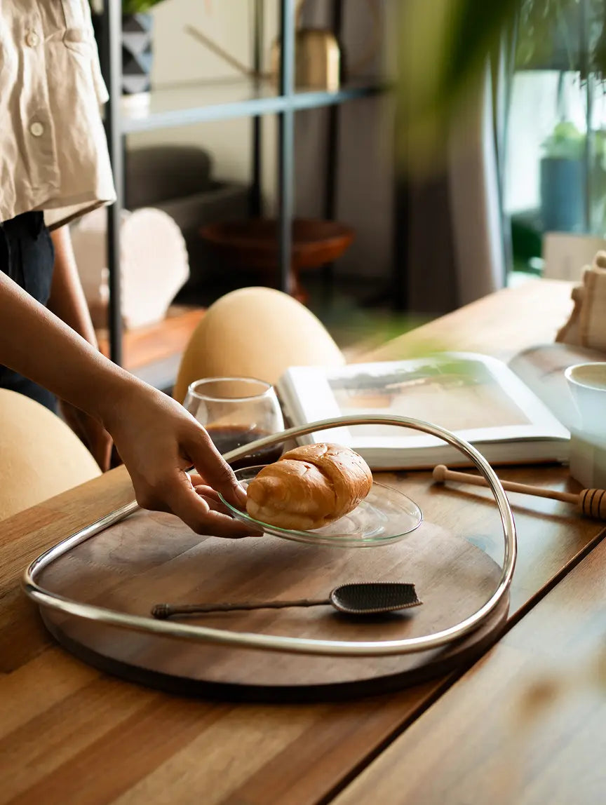 Serving breakfast on Sora Wooden Tray with coffee and croissant