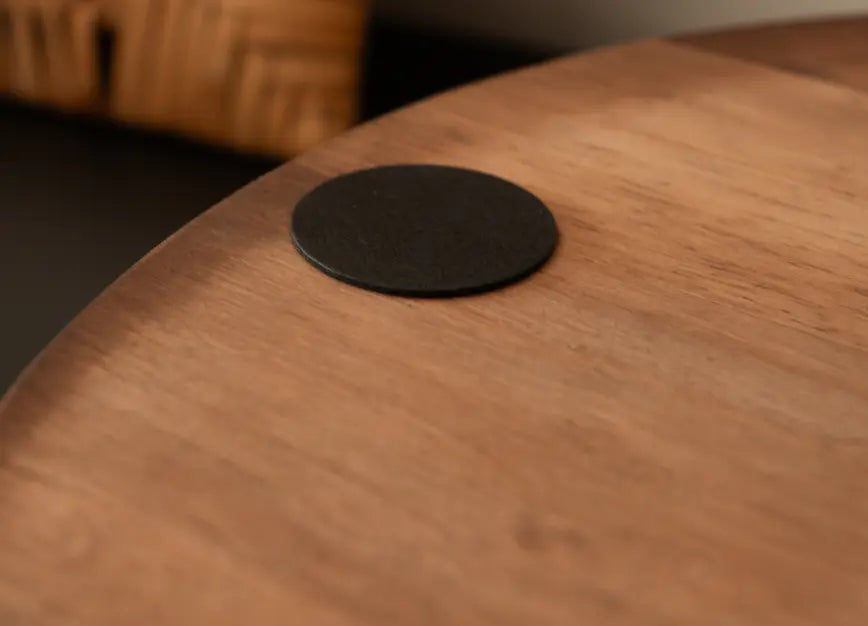 Anti-slip felt pad detail on pine wood base of Sora Tray