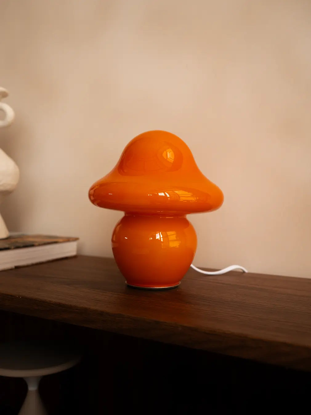 Mini Mushroom Orange Glass Table Lamp with glossy sculptural glass design
