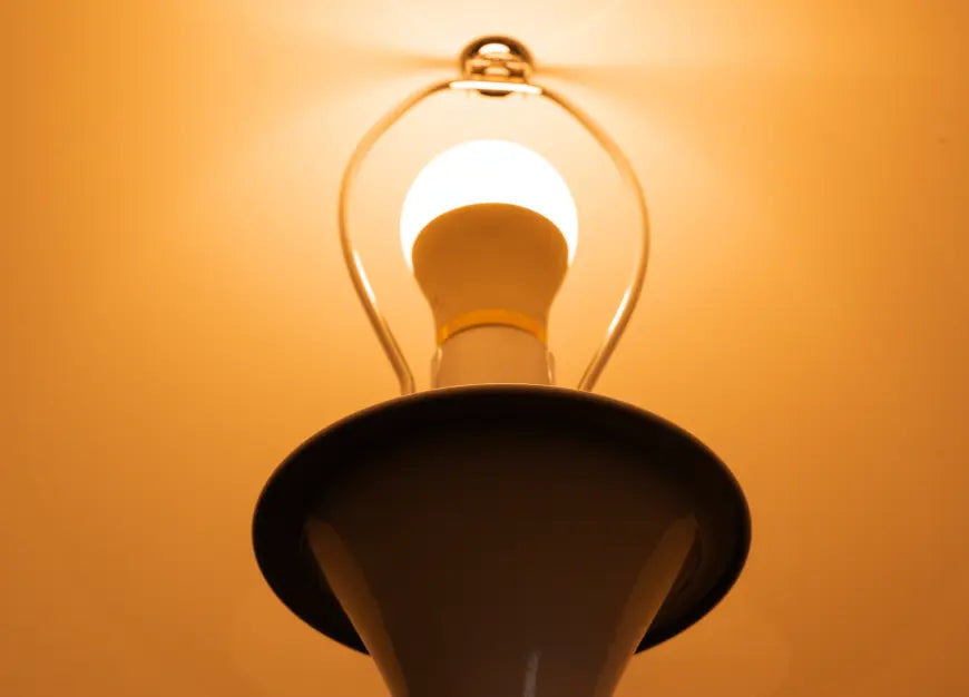 Nova white floor lamp close-up showing the E27 bulb and curved metal support